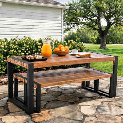 3-Piece Space Saving Acacia Wood Outdoor Dining Set with 2 Storage Benches, Steel Frame Patio Table for Indoor & Outdoor