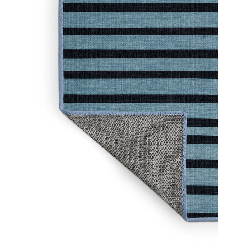 Machine Washable Horizontal Stripes Blue Area Rug, Round 8'