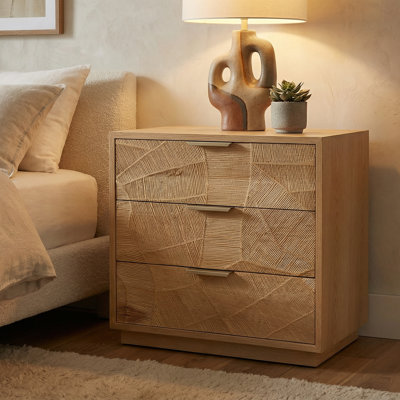 Rustic Solid Wood 3-Drawer Nightstand With Hand-Carved Door & Stainless Steel Handles
