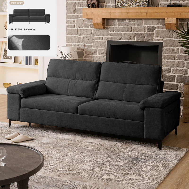89” Modern Chenille Sofa Adjustable Armrest Couch, Dark Gray