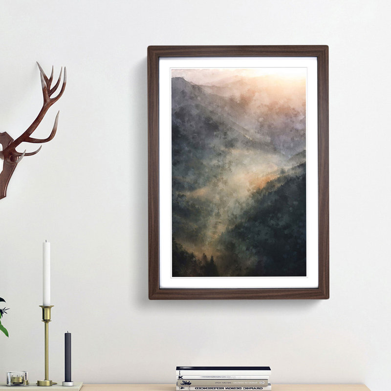 Valley Mist - Single Picture Frame Painting on MDF, Walnut Framed, 87cm H x 62cm W x 2cm D