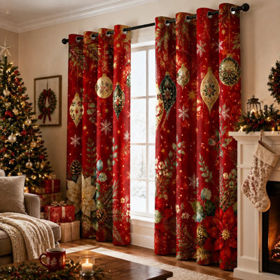 2Pcs ornement festif de Noël à motif de rideaux bloquant le soleil, décorations des Fêtes, flocons de neige d'hiver, œillet imprimé de branche de poinsettia, décoration de salon pour la maison