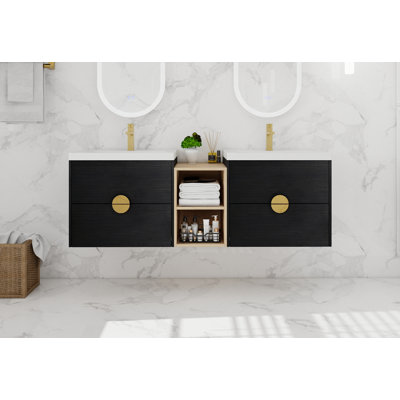 Ensemble de meuble-lavabo mural Ebern Designs avec lavabo, meuble-lavabo mural à 2 portes avec lavabo en céramique, meuble-lavabo flottant en contreplaqué de bois franc avec tiroir à fermeture en douceur pour salle de bain moderne (noir 60 po)