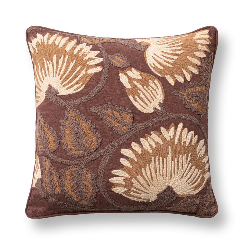 Folly Linen Fabric Hand Embroidered Throw Pillow, Mahogany