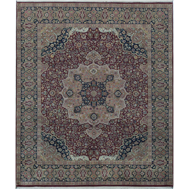 Tapis rouge et bleu noué à la main de haute qualité