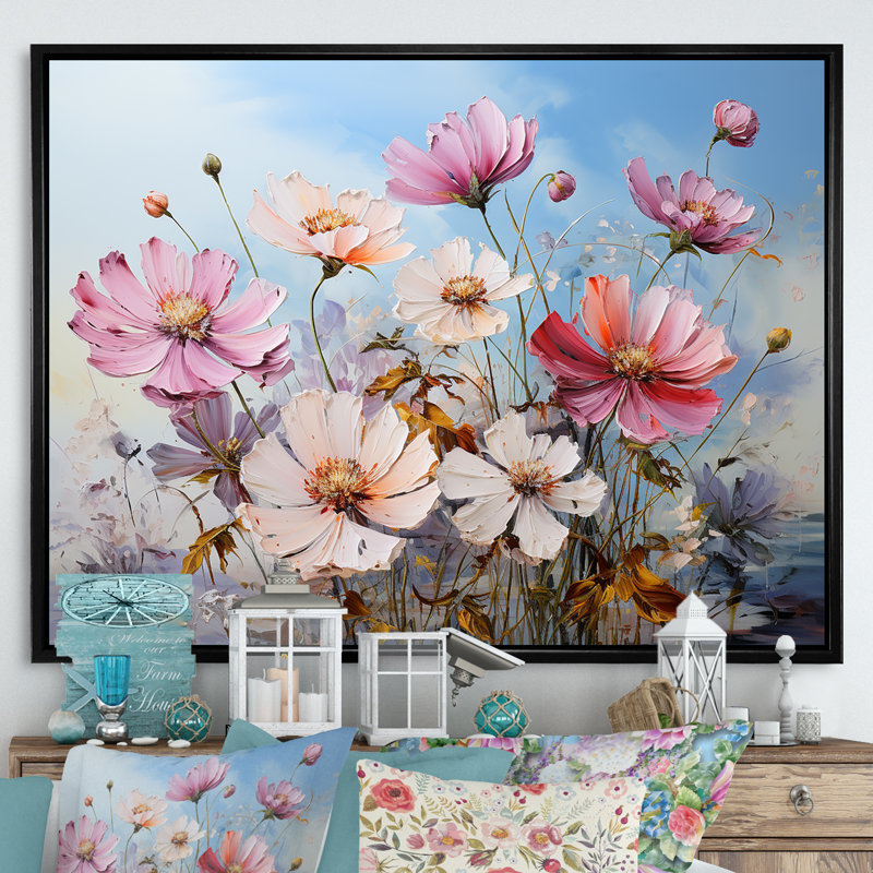 «Zinnias Farmhouse Field Charm III», reproduction sur toile, Cadre flottant noir, H 16 po x l 32 po x P 1 po