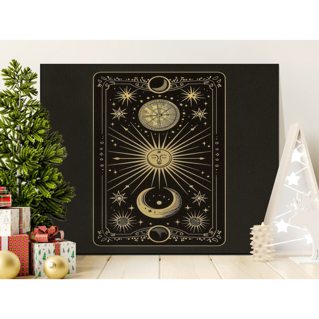 Mystical Celestial Sun Moon Stars Canvas Wall Art, Faux Gold Occult Tarot Aesthetic Print, Witchy Decor Gift for Spiritual Home