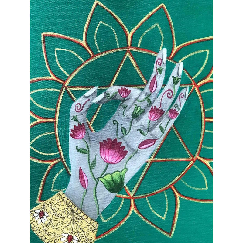 Heart Chakra Acrylic & Ink Canvas Painting by Kangana Vohra – 24"x24" Green Spiritual Wall Art, Modern Meditation Decor, Emotional Balance