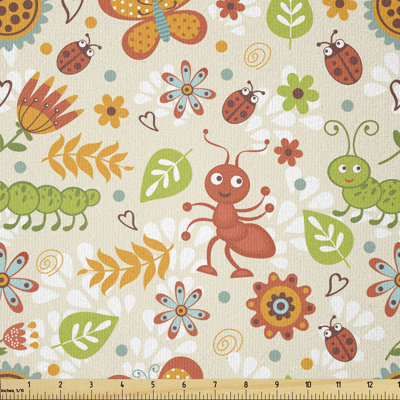 Creedence Jolly Smiling Cartoon Caterpillar and Ants with Spring Flowers and Leaves Multi-Purpose Fabric