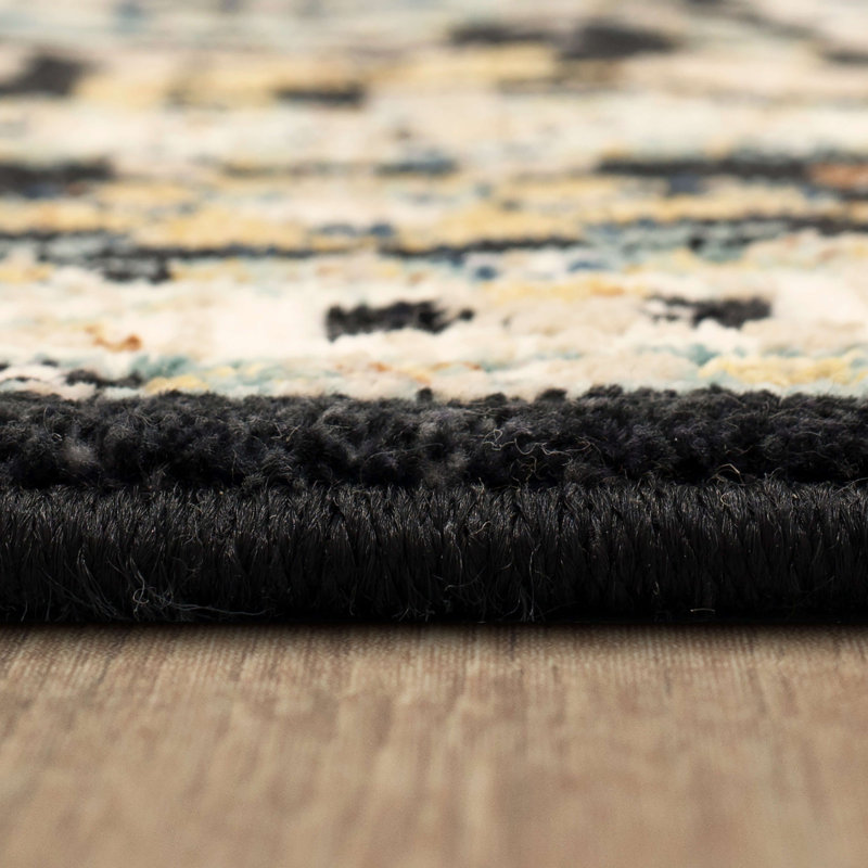 Black and Ivory Floral Motif Viscose Rectangle Area Rug