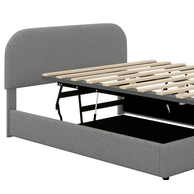 Base de lit avec rangement relevable, lit plateforme tapissier en molleton Teddy avec système de rangement hydraulique, Gris