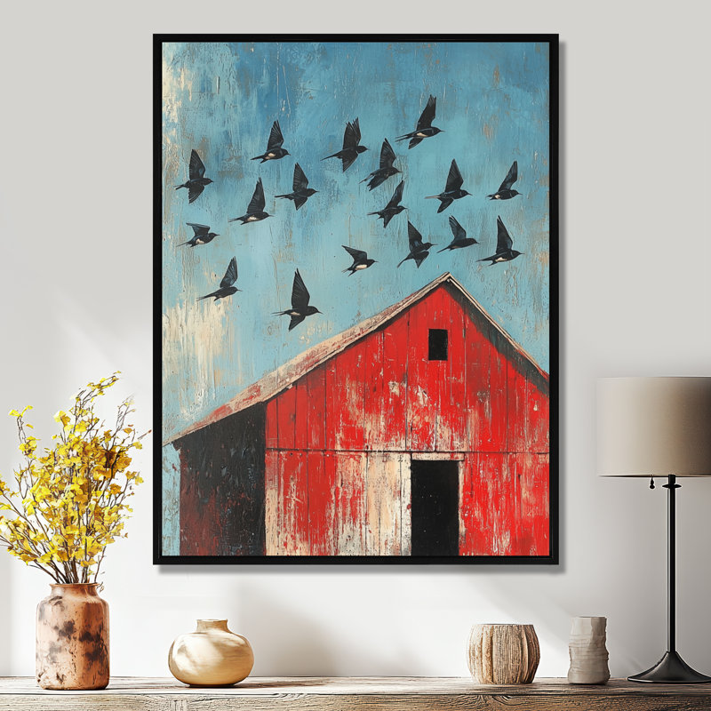 Swallows Birds Over The Red Barn II - Art mural oiseau, Noir, Reproduction avec cadre flottant, H 20 po x l 12 po