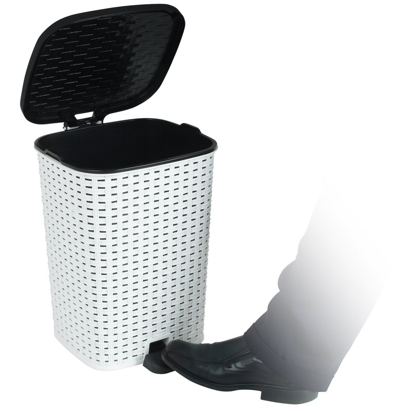 White Wicker Style Plastic Pedal Trash Can, 3 Gallons