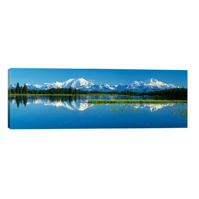 Reflection of Mountains in Lake, Mt Foraker and Mt Mckinley, Denali National Park, Alaska, Usa 1 Piece Panoramic Wall Art on Canvas