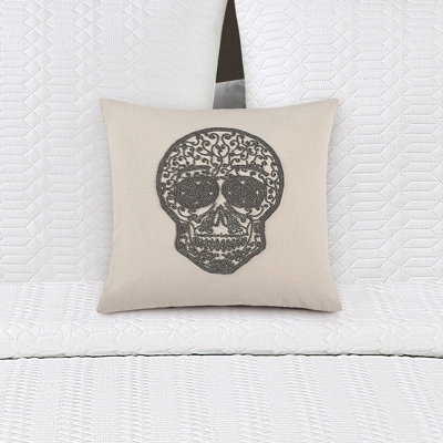 Skull Beaded Cotton Blend Throw Pillow