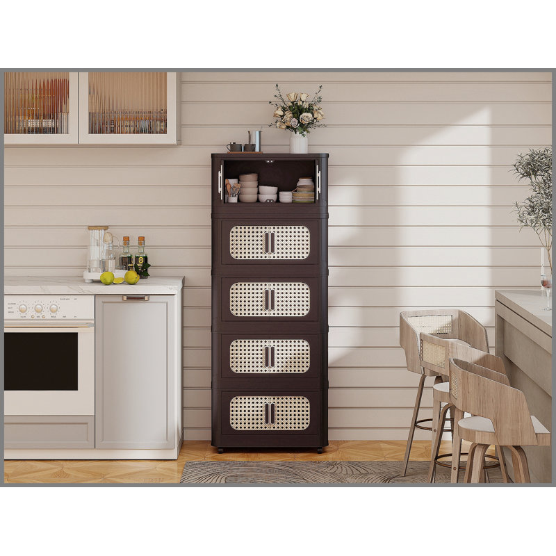 Armoire de rangement pliante rétro brune de 20 pouces de large avec 4 niveaux, bacs pliables, porte magnétique et roulettes pour une mobilité facile