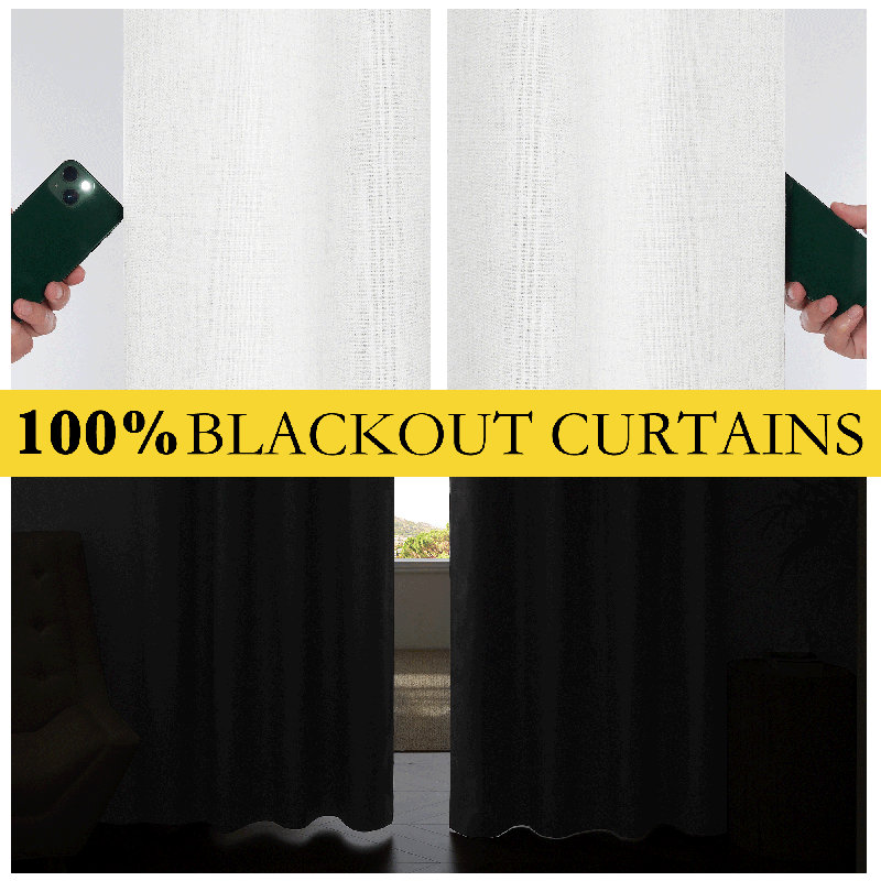 100% Blackout Linen Curtains for Bedroom, Burlap Linen Drapes with Thermal Insulated Grey Liner Grommet Noise Reducing Window Panels for Living room, 2 Panels
