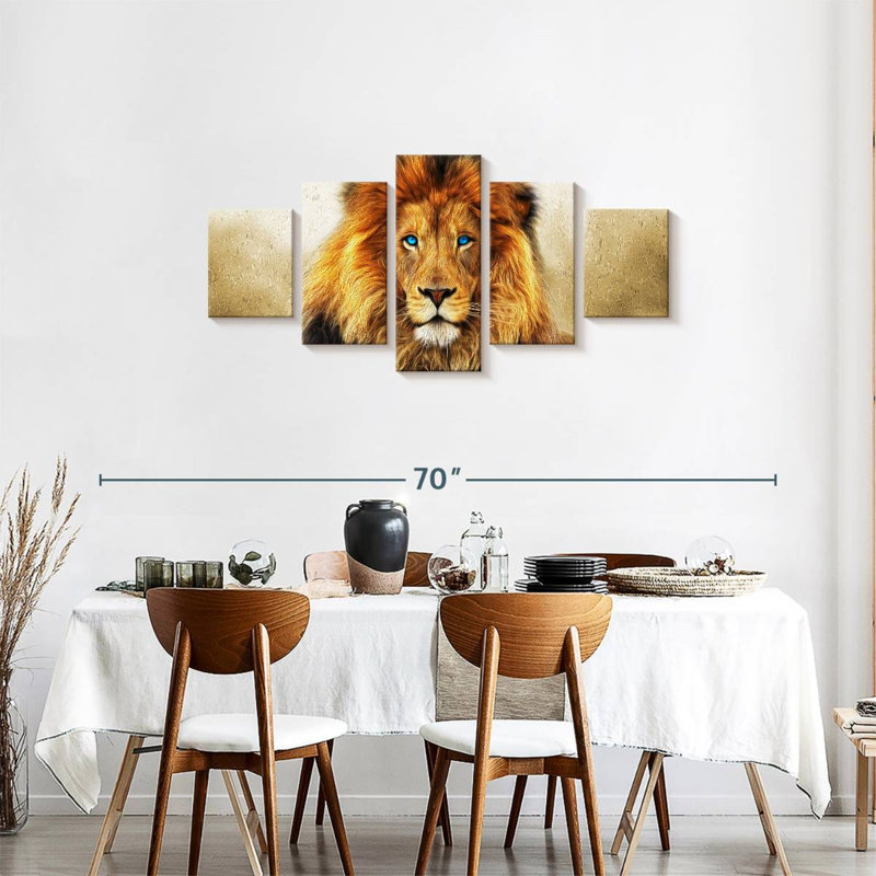 Lion aux yeux bleus 5 pièces, H 24 po x l 55 po x P 1,25 po