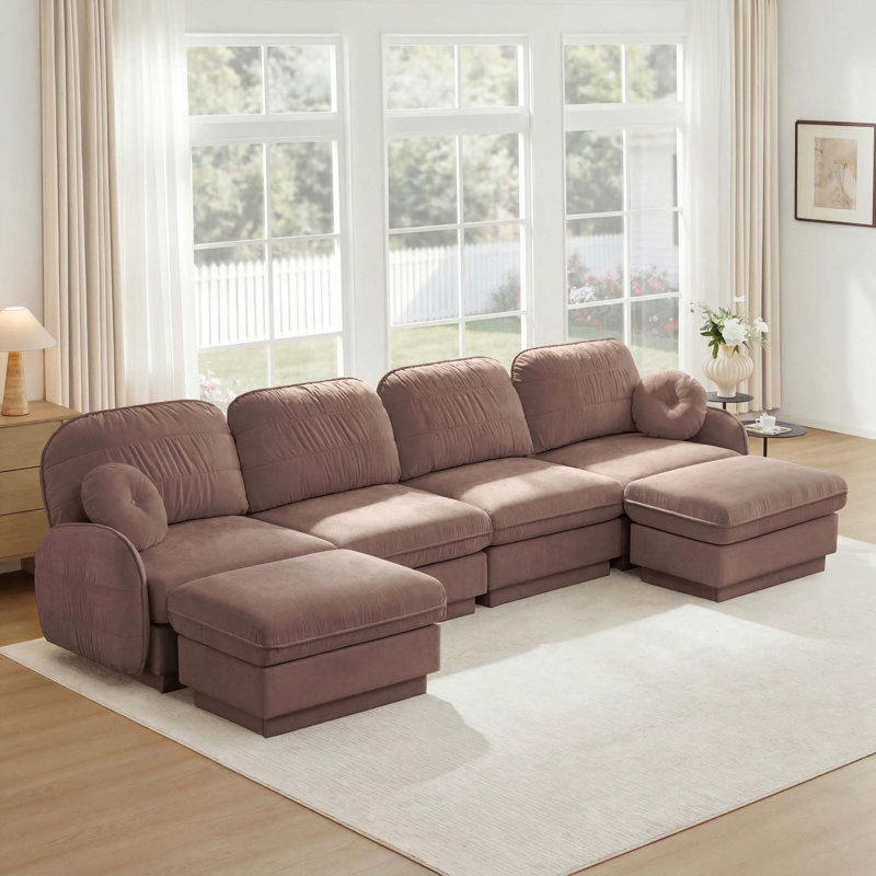 Canapé modulaire ergonomique chenille à 4 places avec 2 repose-pieds Chenille Cloud, Rose Dust, 37.4" H x 137" W x 57.6" D