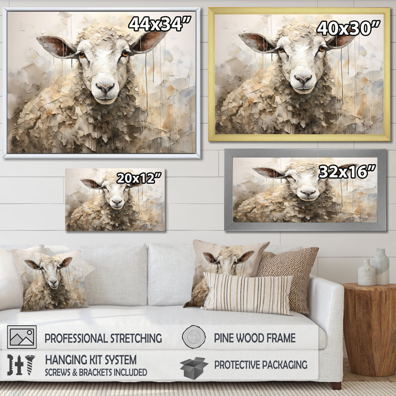 Cozy beige minimaliste mouton II - mouton, art mural, H 34 po x l 44 po x P 1,5 po, Cadre simple noir