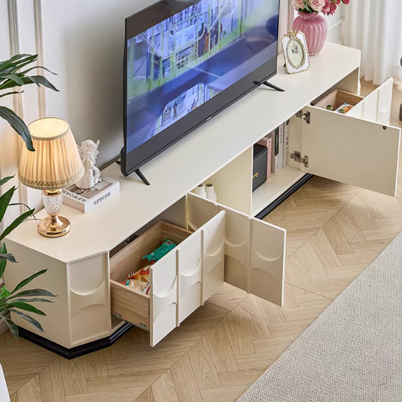 Meuble télé avec rangement en bois massif de style français, H 17,7 po x L 86,6 po x l 15,7 po