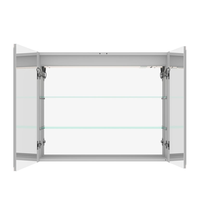 Armoire à pharmacie 3630 pouces à DEL - avec miroir, lumières, gradateur, temps et température, 2 prises de courant, double porte, couleur argent, thermolaqué, montage en surface, armoire à lumières miroir de conception américaine