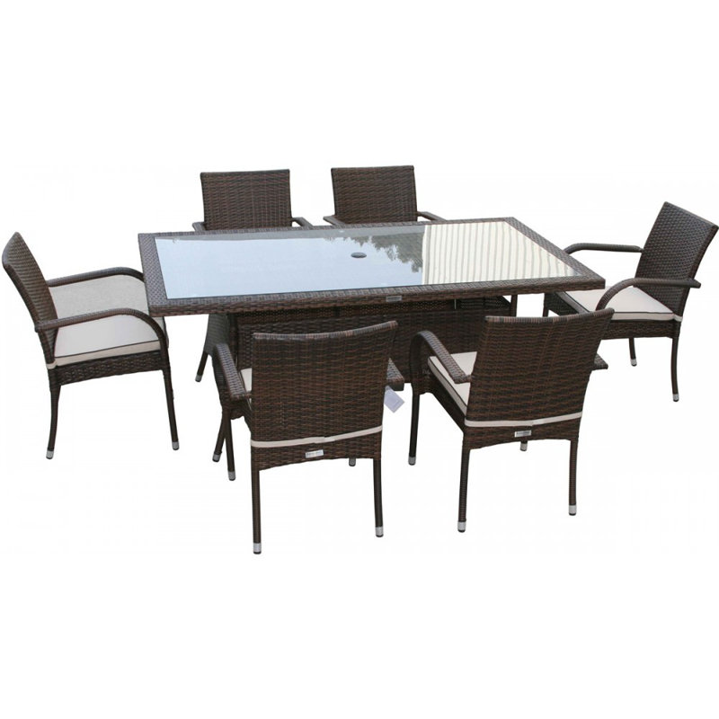 Kiska 6 - Person Patio Dining Set with Rectangular Table , Cushions Included, Chocolate/Cream