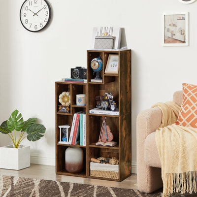 9-Cube Narrow Brown Bookcase, Small Storage Cabinet with Open Shelves, Bookcase Set of 2