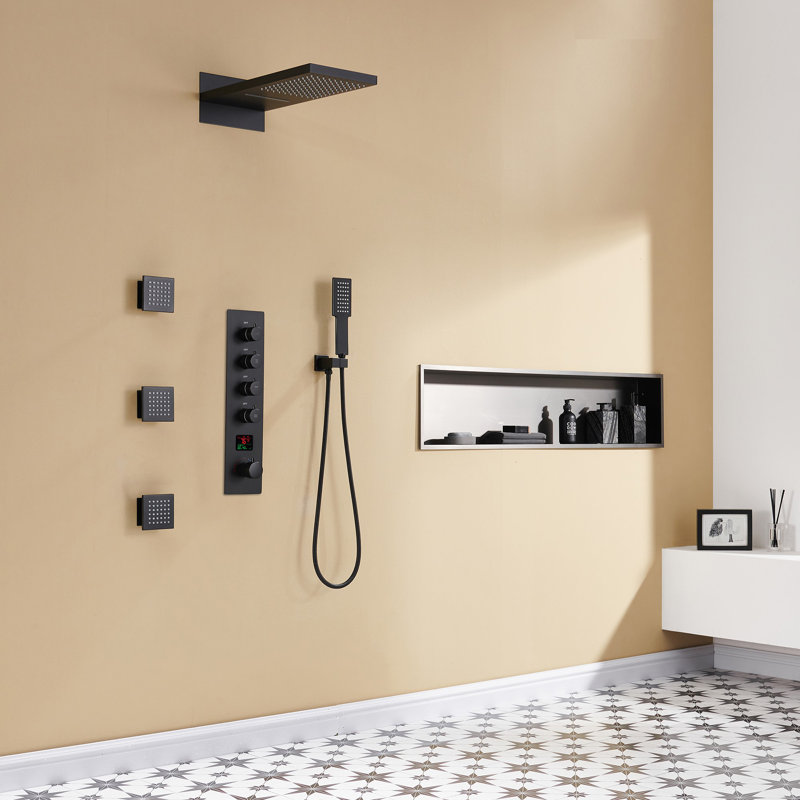 Système de douche à affichage numérique 3 fonctions Herathena 22 po avec 3 jets de corps et valve brute, Noir mat
