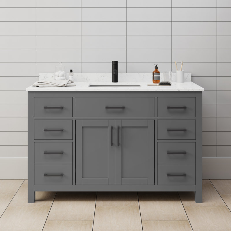 Beckett 54" Freestanding Single Bathroom Vanity with Cultured Marble Top, Carrara Cultured Marble, Matte Black, Dark Gray