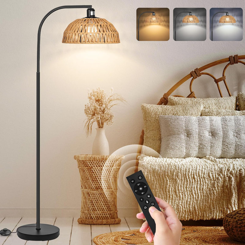 Rattan Floor Lamp With Dimmable LED Bulb, Remote Control, Adjustable Shade - Boho Arc Standing Lamp For Living Room, Bedroom
