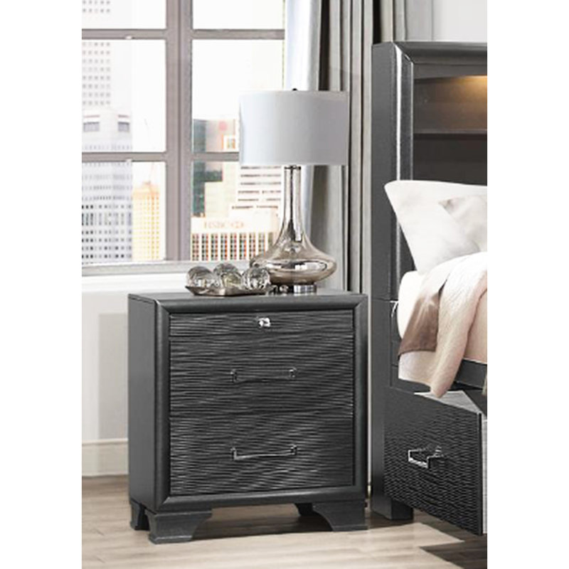 Grande table de chevet à tiroirs gris avec tiroirs de chambre en bois massif et design classique