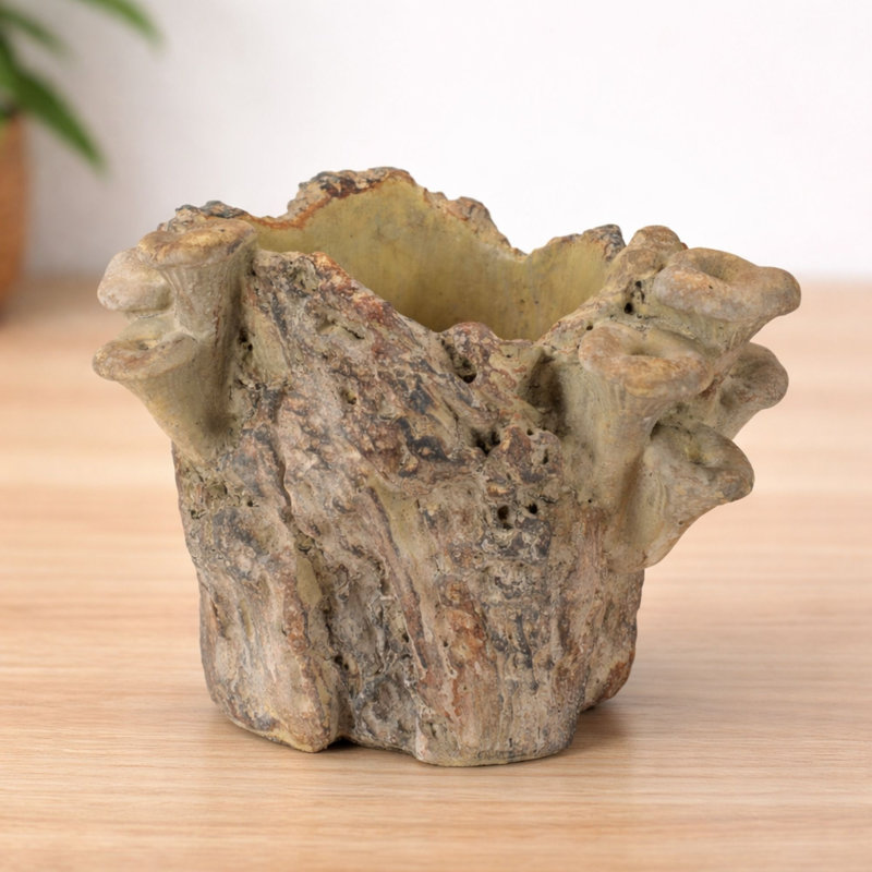 Faux Tree Stump Cement Planter Container 7.25"H