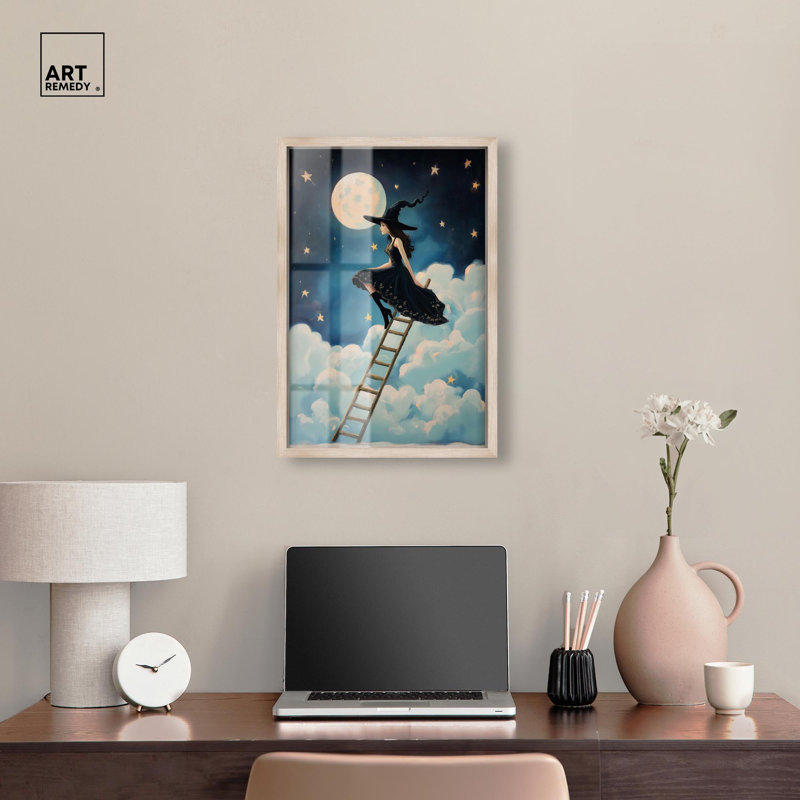 Décoration murale d'Halloween «Witch on a Ladder Shadowbox» par Art Remedy, cadre blond, 16 x 24, H 25 po x l 17 po