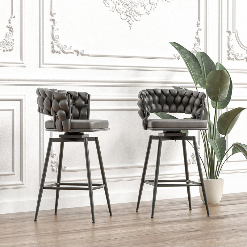 28" Technical Leather Woven Bar Stool Set Of 2, Tan, 2