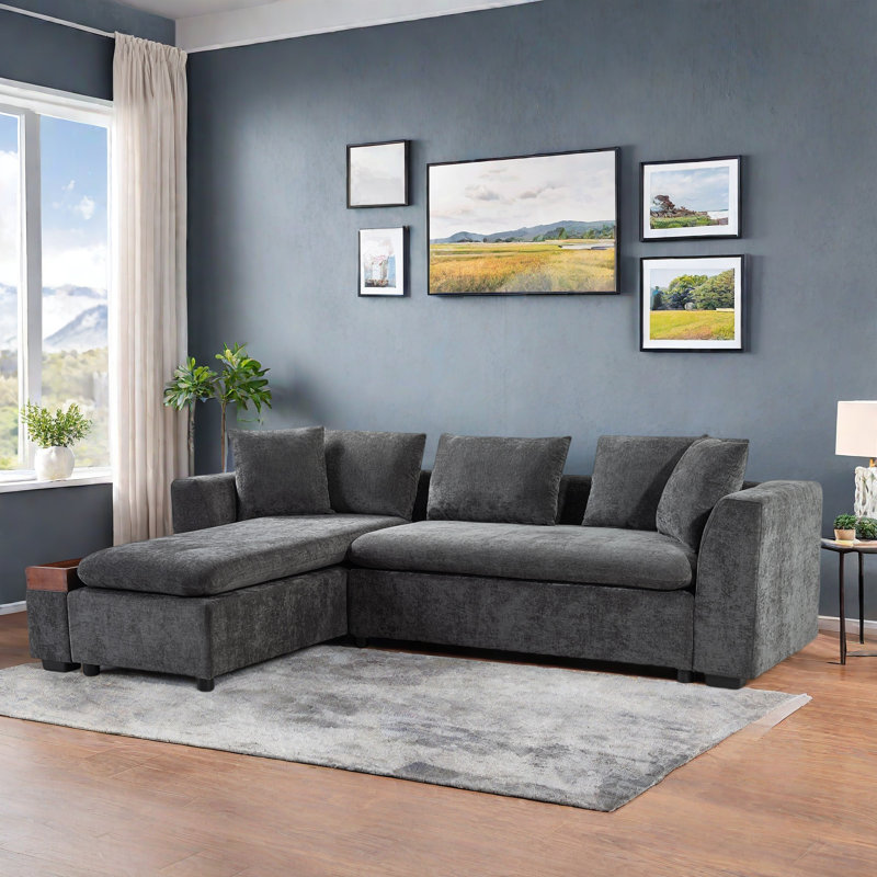 Canapé modulaire en chenille avec rangement et coussins Trace, Gris chenille