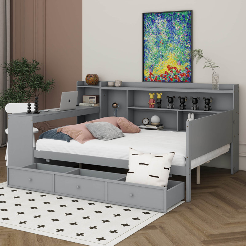 Full Size Daybed With Storage Shelves, Headboard And Desk, Wooden Platform Bed With 3 Drawers And USB Ports, Gray