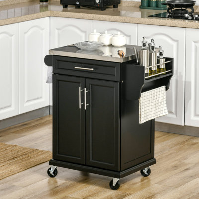 Îlot de cuisine sur roulettes, chariot de cuisine roulant avec comptoir en acier inoxydable, tiroir, porte-serviettes et porte-épices, chariot de rangement utilitaire
