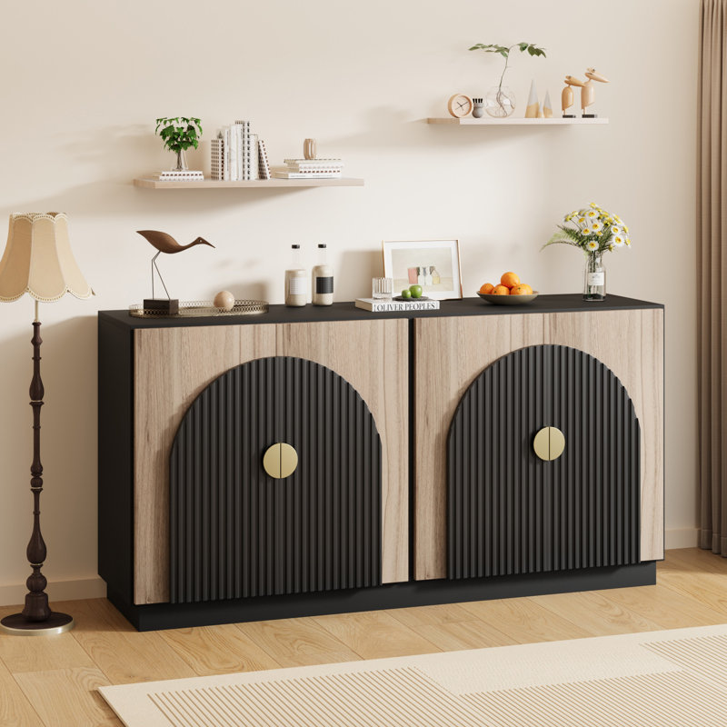 Mid-Century Modern Buffet Cabinet with Arched Fluted Doors Adjustable Shelves Sideboard Credenza