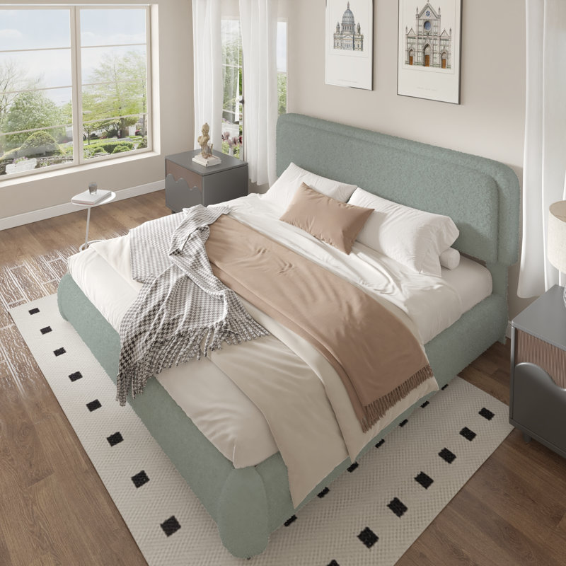 Haden Lambswool Boucle Upholstered Platform Bed Frame with Headboard, King, Green