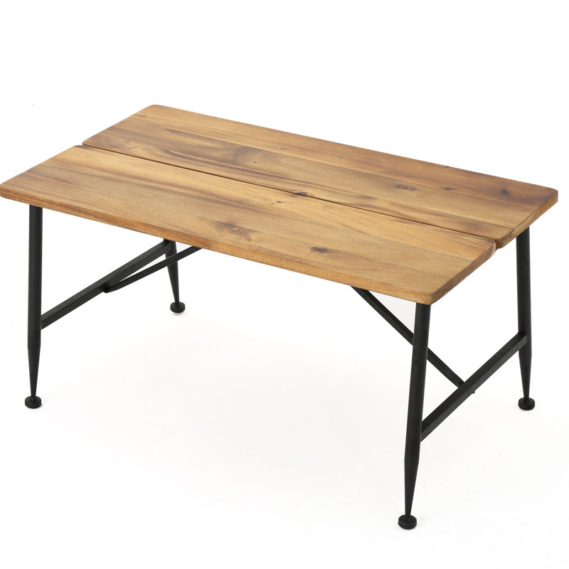 Table de patio industrielle en bois et en métal - plateau avec effet rétro, structure en fer noir, finition café élégante pour l'extérieur, structure,