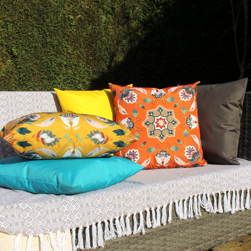 Folk Flora Indoor / Outdoor Floral Square Throw Cushion, Orange