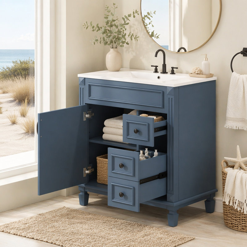 Meuble-lavabo 30 po avec lavabo en céramique, Bleu