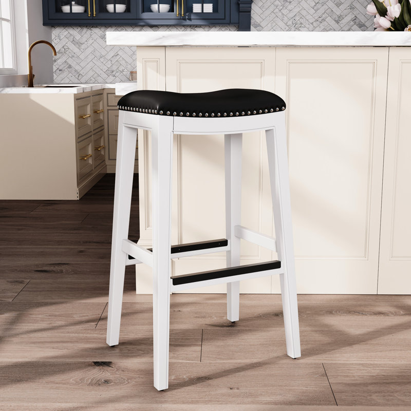 Tabouret de bar 30 po, cuir blanc et noir, rembourrage confortable, fabriqué en bois franc massif pour la cuisine ou le tabouret en finition, revêtement de siège, construction