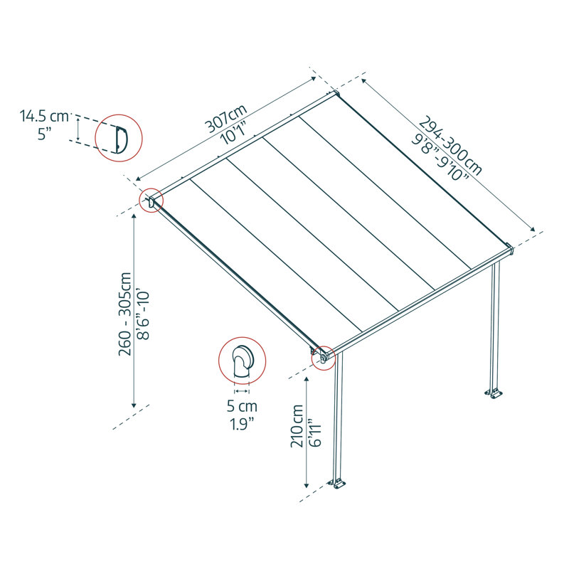Palram - Canopia Feria 10 ft. W x 10 ft. D Polycarbonate Stationary Slope Patio Awning, Gray/Clear