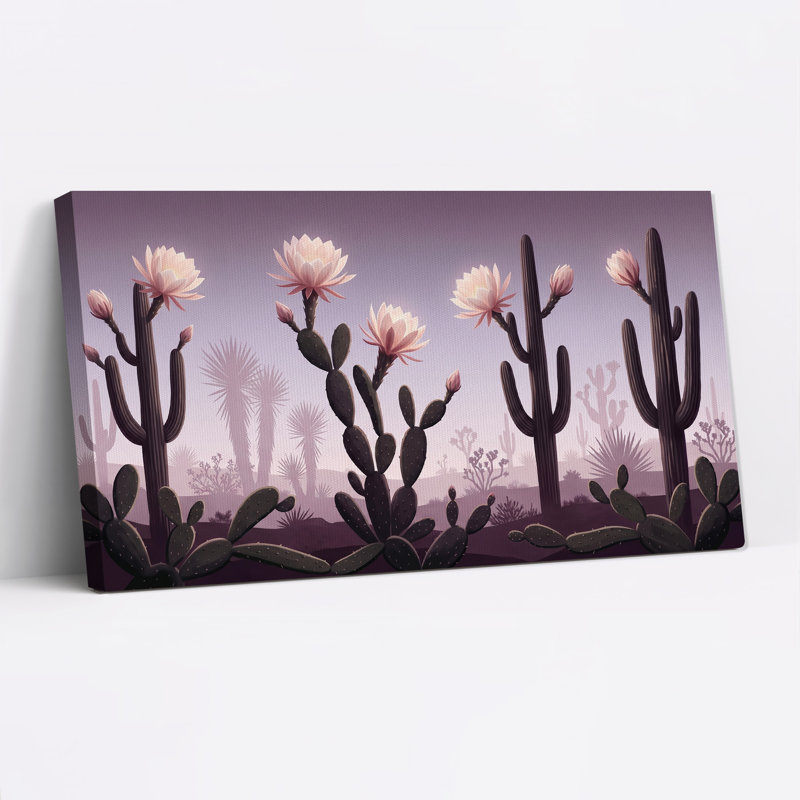 Tableau sur toile représentant des cactus roses en fleurs sur fond de ciel violet, L 40 po x H 20 po