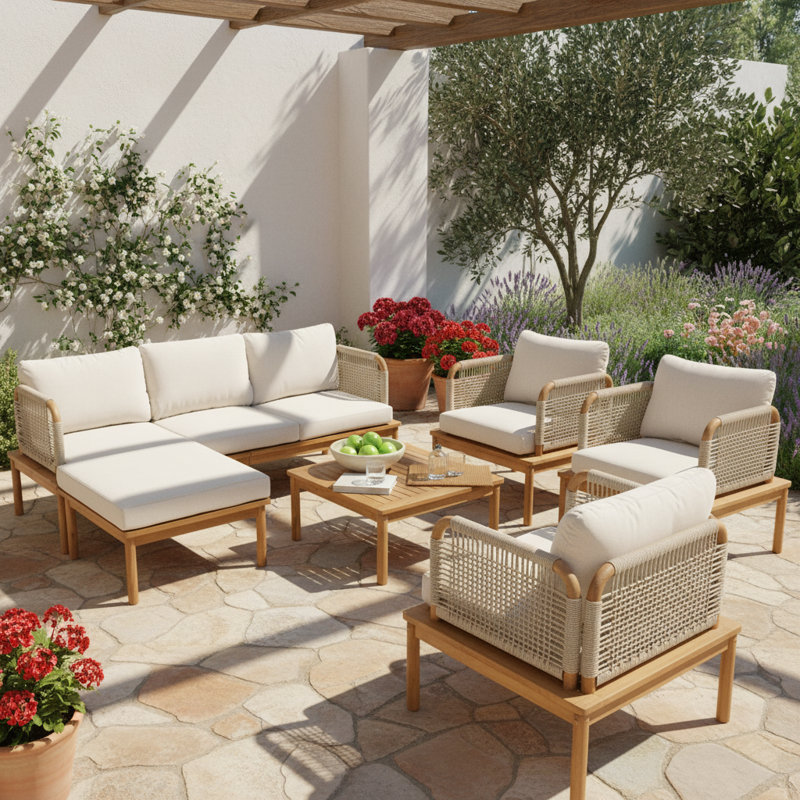 5-Piece Outdoor Patio Furniture Set, Premium Acacia Wood & Woven Rope Combination, Stylish Cushioned Sofa Set For Backyard, Garden & Balcony