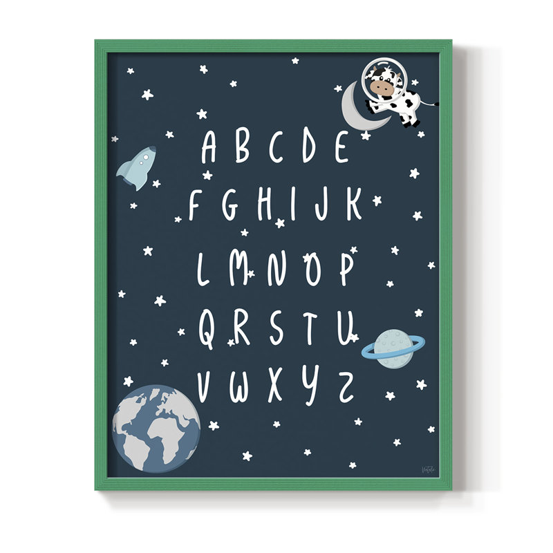 Space Cow Alphabet, reproduction encadrée - bois massif, Vert, H 15 po x l 12 po