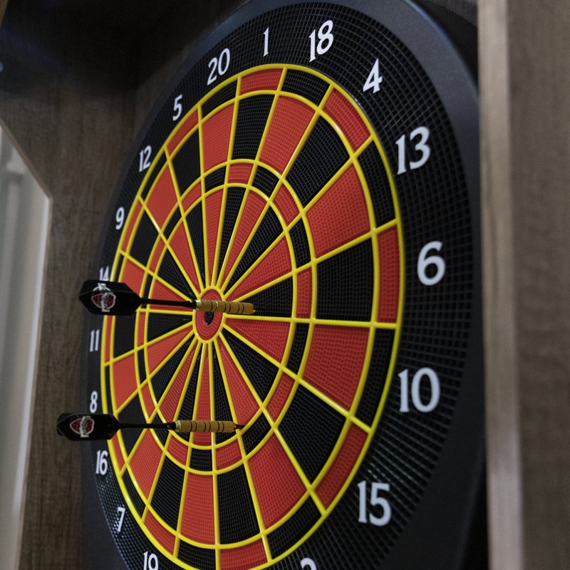 Rustic Tan Wood Grain Free Standing Dartboard Cabinet Set