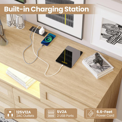 6 Drawer Rattan Dresser with LED Lights and Charging Station, Storage Chest for Bedroom Living Room, Wood Color
